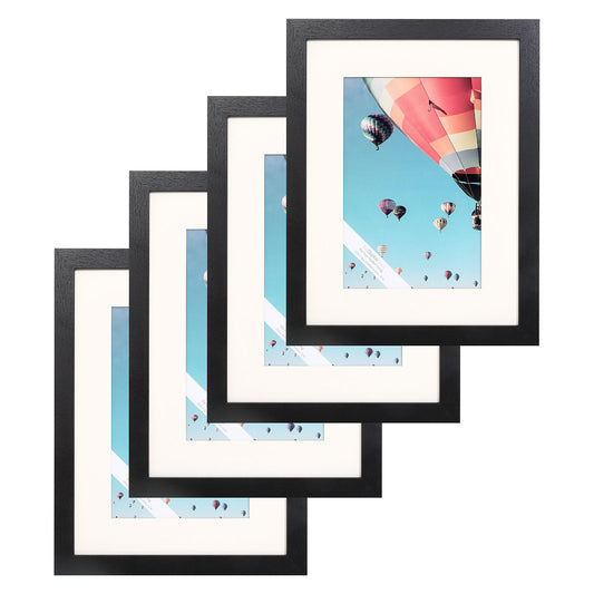 12" x 16" Black MDF Wood 4 Pack Picture Frames with Tempered Glass, 8" x 12" Matted