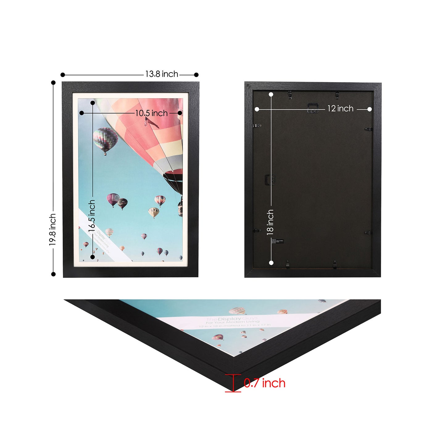 12" x 18" Black MDF Wood Picture Frame with Tempered Glass, 11" x 17" Matted
