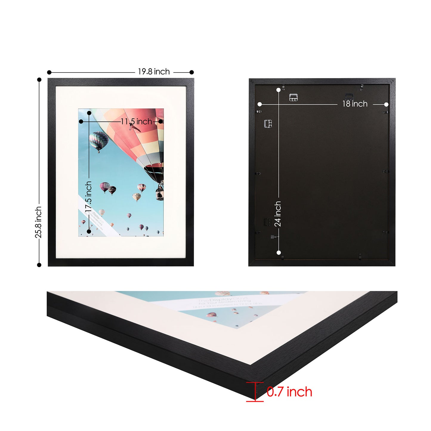 18" x 24" Black MDF Wood 4 Pack Picture Frame with Tempered Glass, 12" x 18" Matted
