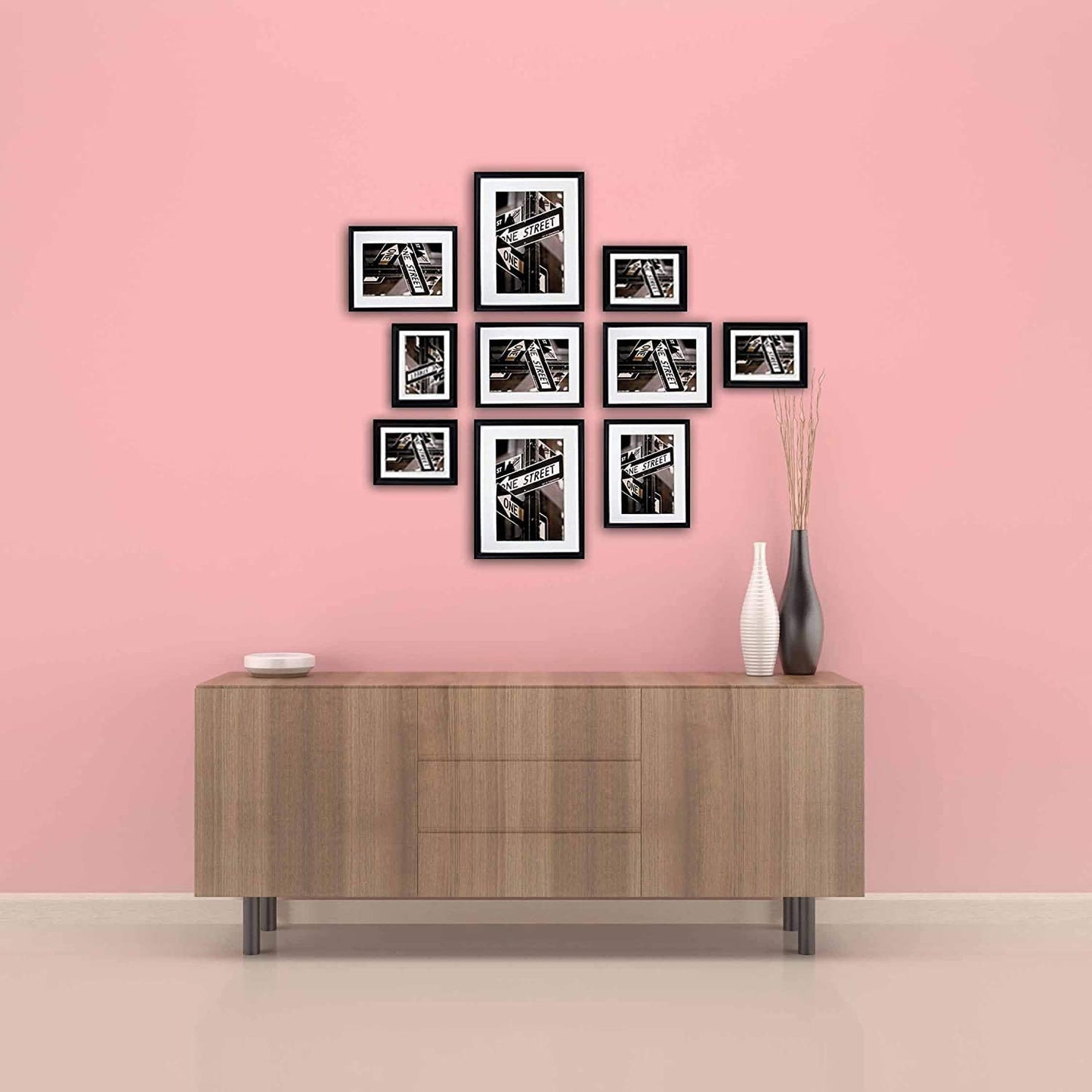 10 Piece Black Solid Pine Wood Tempered Glass Multi-Size Picture Frame Set