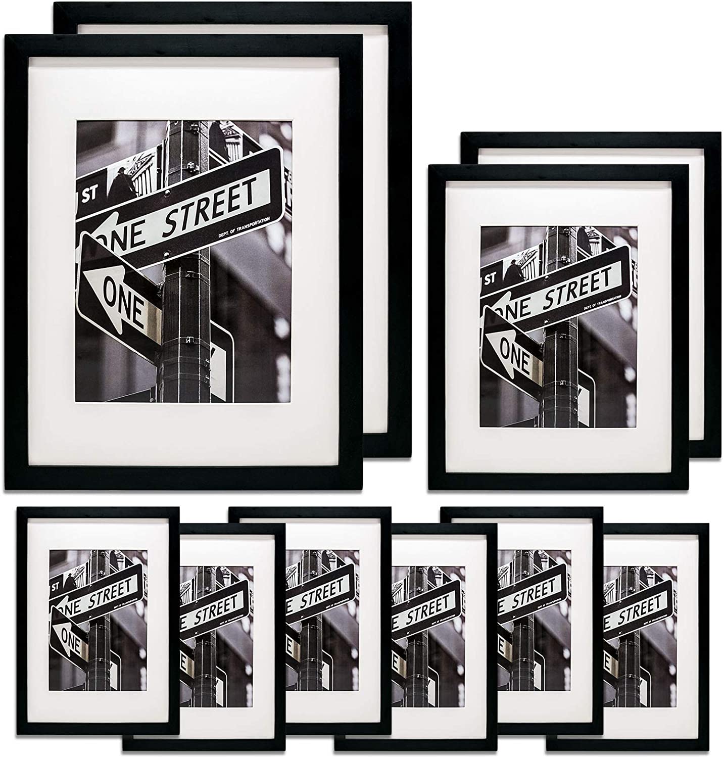 10 Piece Black Solid Pine Wood Tempered Glass Multi-Size Picture Frame Set