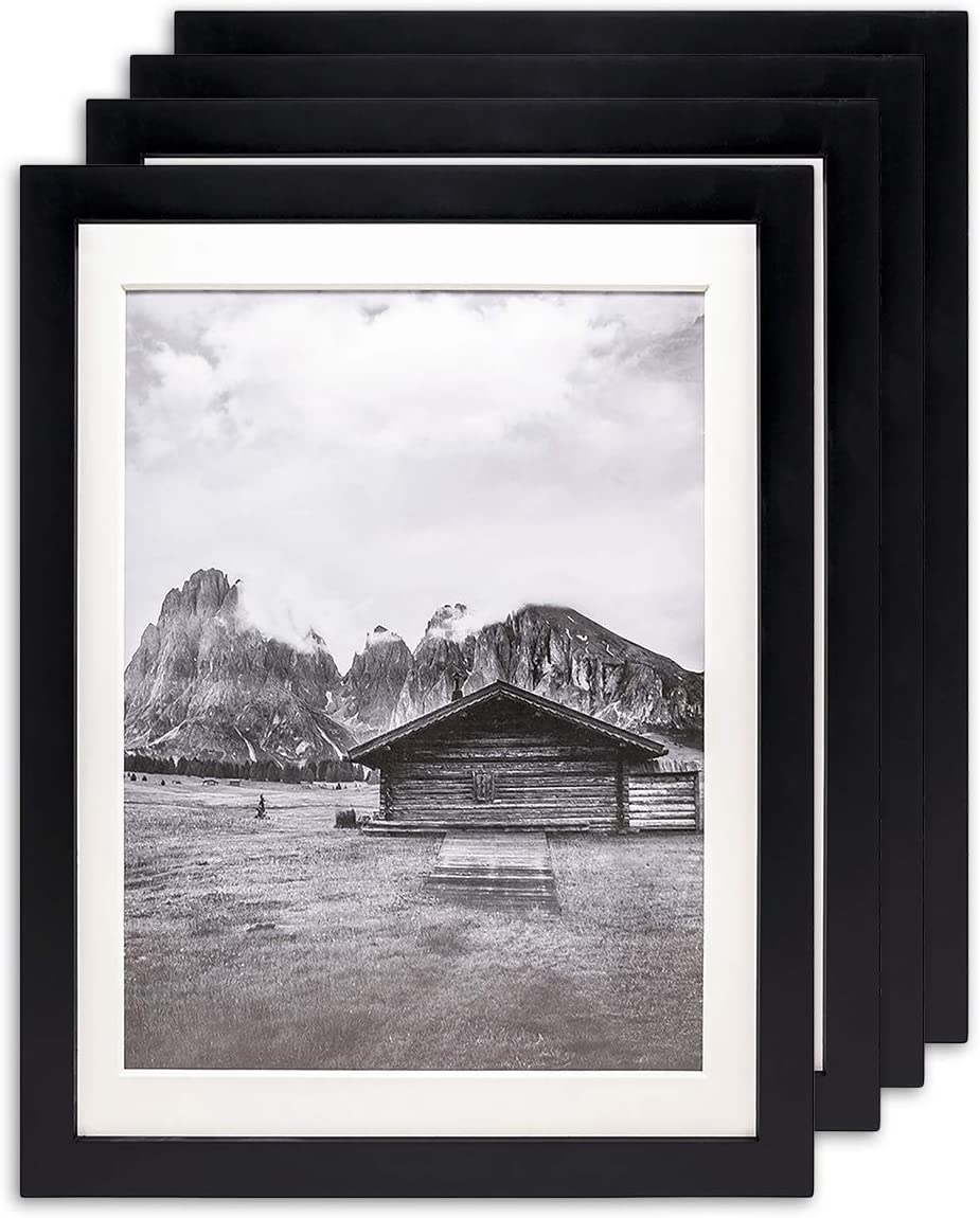 10" x 13" Black Pine Wood 4 Pack Picture Frames, 8 1/2" x 11" Matted