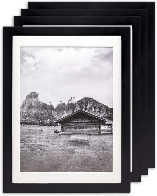 10" x 13" Black Pine Wood 4 Pack Picture Frames, 8 1/2" x 11" Matted