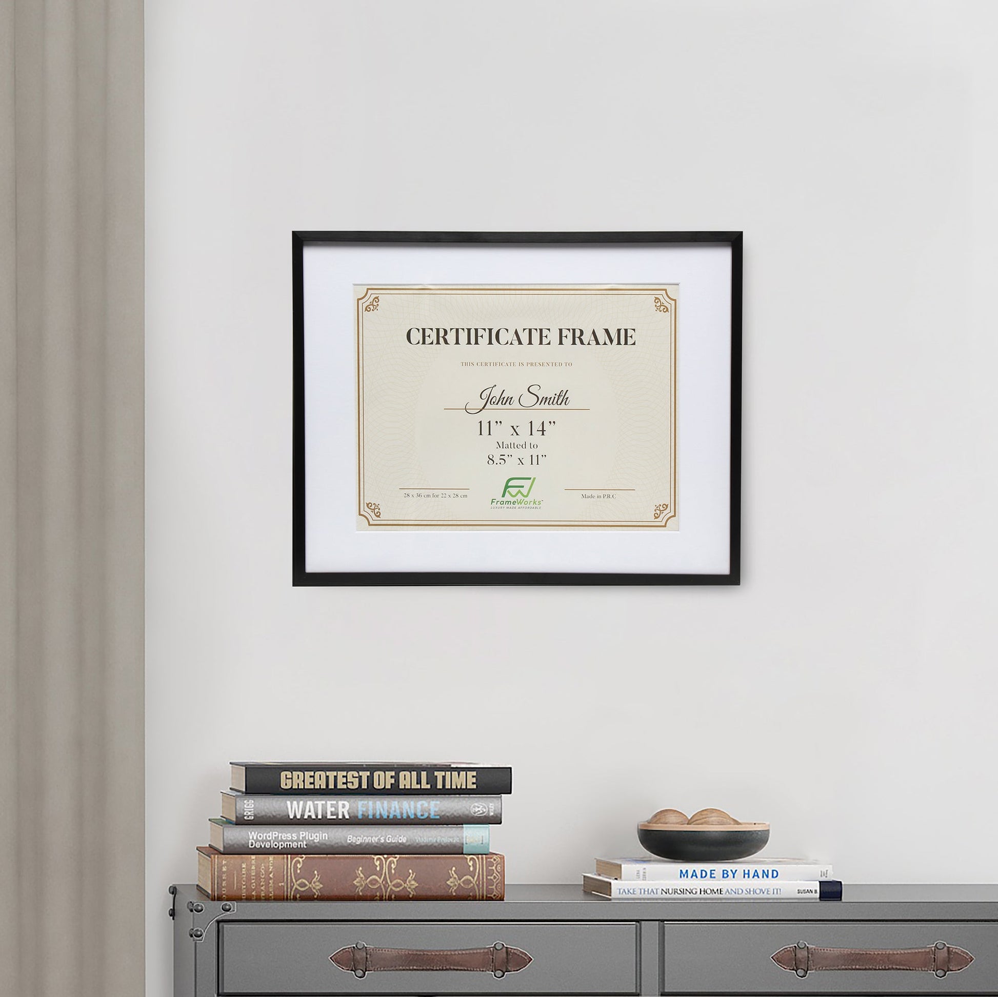 11" x 14" Deluxe Black Aluminum Contemporary Diploma Picture Frame, 8.5" x 11" Matted