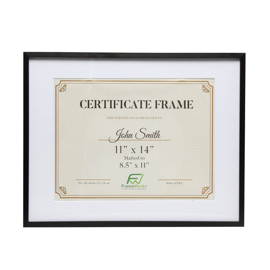 11" x 14" Deluxe Black Aluminum Contemporary Diploma Picture Frame, 8.5" x 11" Matted