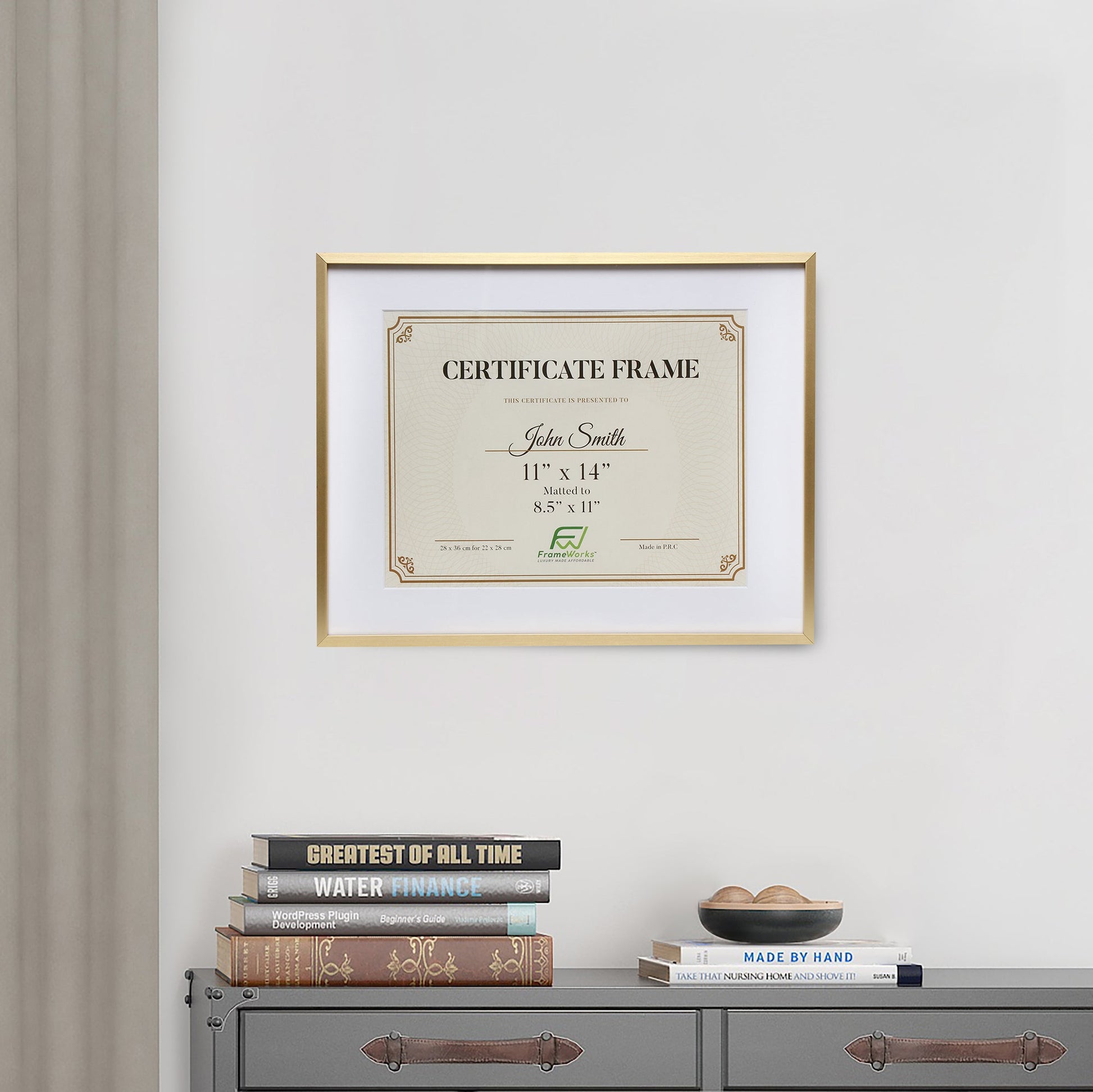 11" x 14" Deluxe Brass Gold Aluminum Contemporary Diploma Picture Frame, 8.5" x 11" Matted