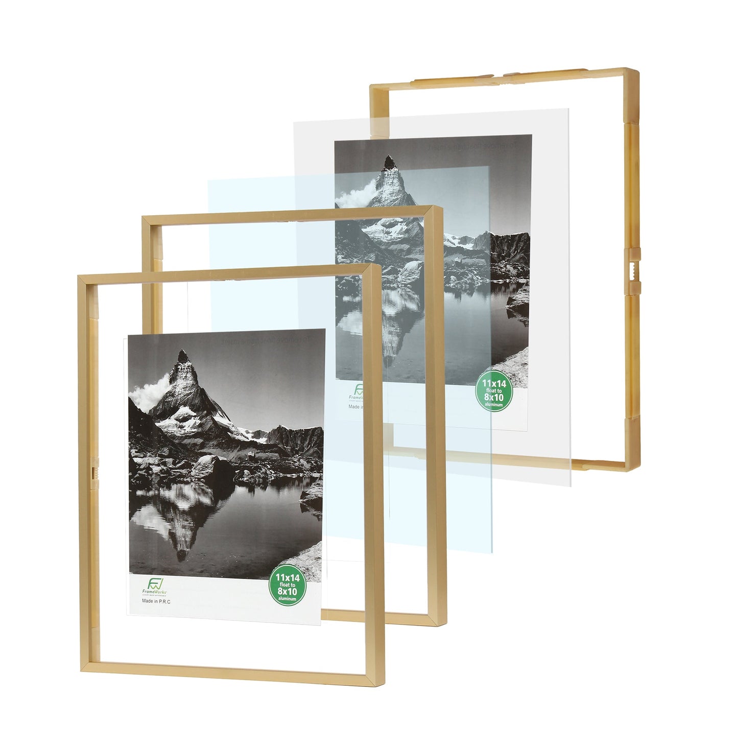 11" x 14" Deluxe Brass Gold Aluminum Contemporary Floating Picture Frame with Tempered Glass