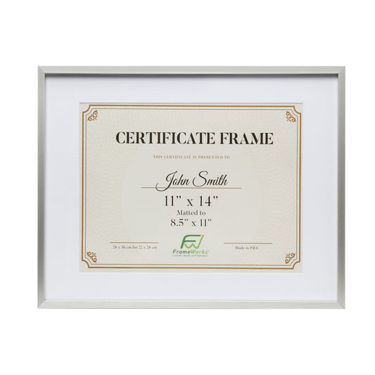 11" x 14" Deluxe Silver Aluminum Contemporary Diploma Picture Frame, 8.5" x 11" Matted