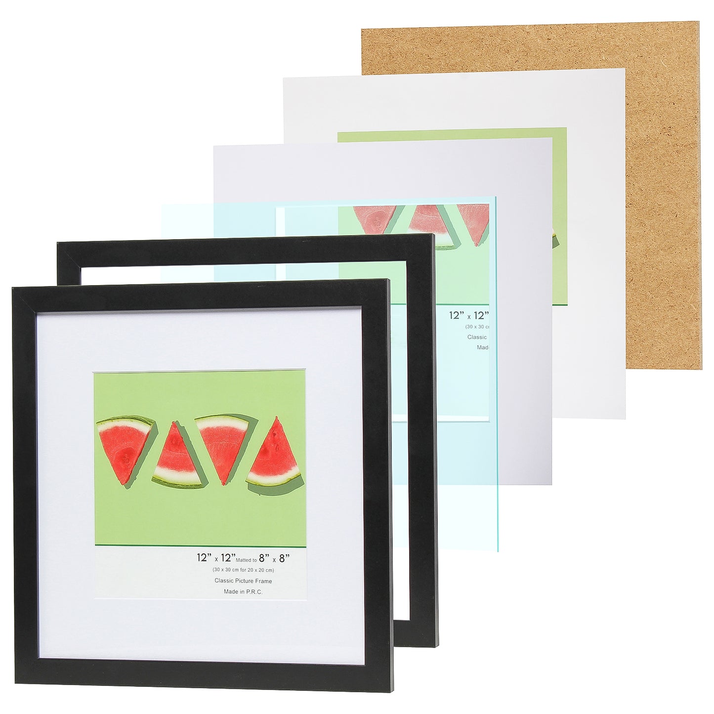 12" x 12” Classic Black MDF Wood Picture Frame with Tempered Glass, 8" x 8" Matted