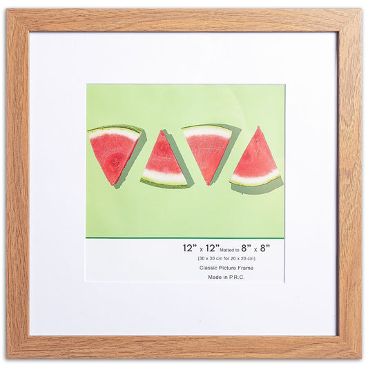 12" x 12” Classic Light Oak MDF Wood Picture Frame with Tempered Glass, 8" x 8" Matted