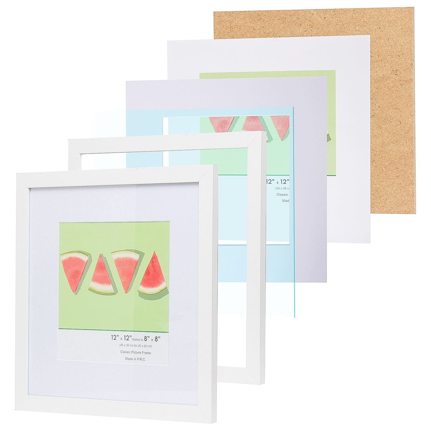 12" x 12” Classic White MDF Wood Picture Frame with Tempered Glass, 8" x 8" Matted
