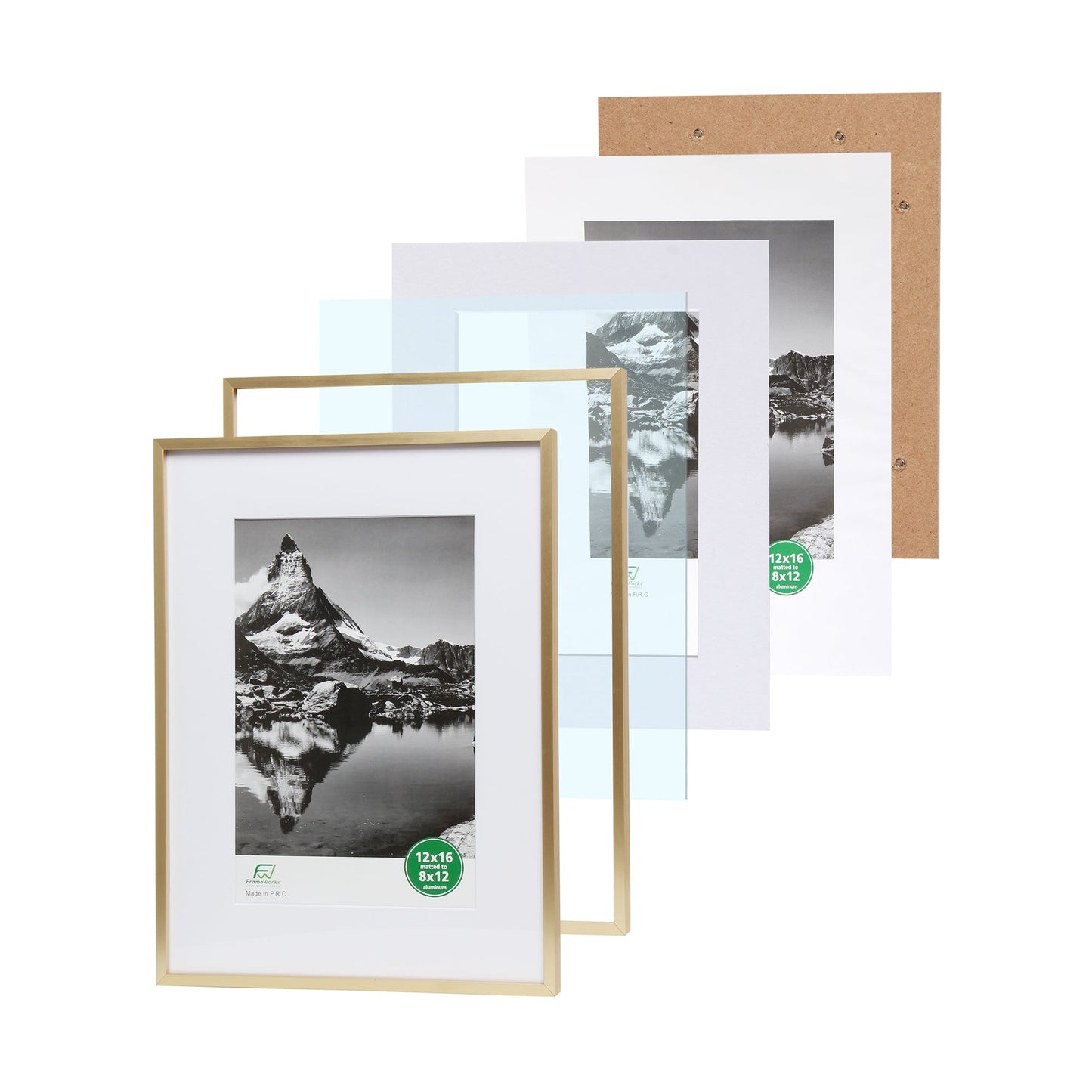 12" x 16" Deluxe Brass Gold Aluminum Contemporary Picture Frame, 8" x 12" Matted