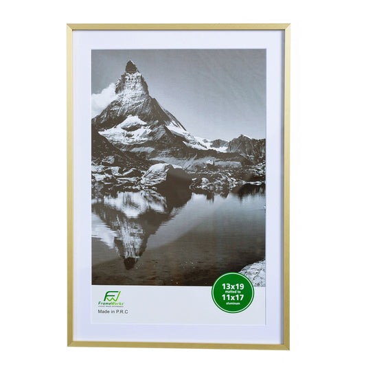 13" x 19" Deluxe Brass Gold Aluminum Contemporary Picture Frame, 11" x 17" Matted