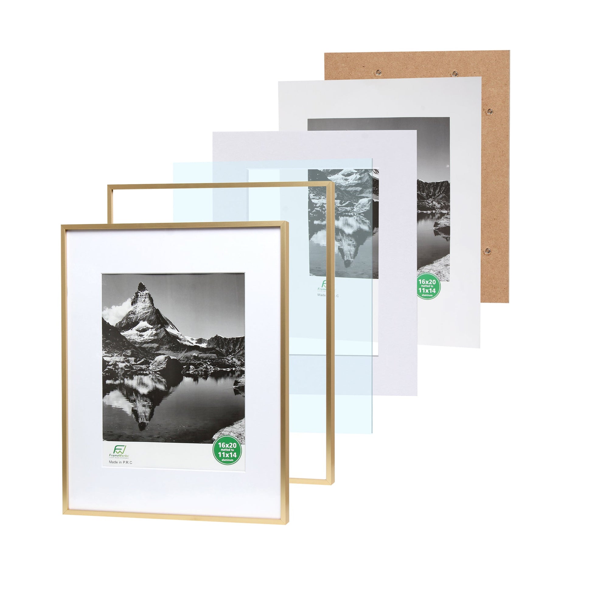 16" x 20" Deluxe Brass Gold Aluminum Contemporary Picture Frame, 11" x 14" Matted