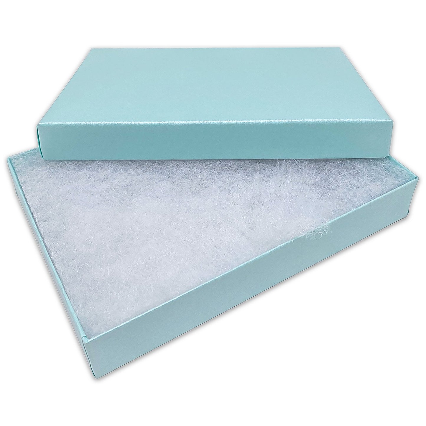 5 7/16" x 3 15/16" x 1" Light Pearl Teal Cotton Filled Paper Box