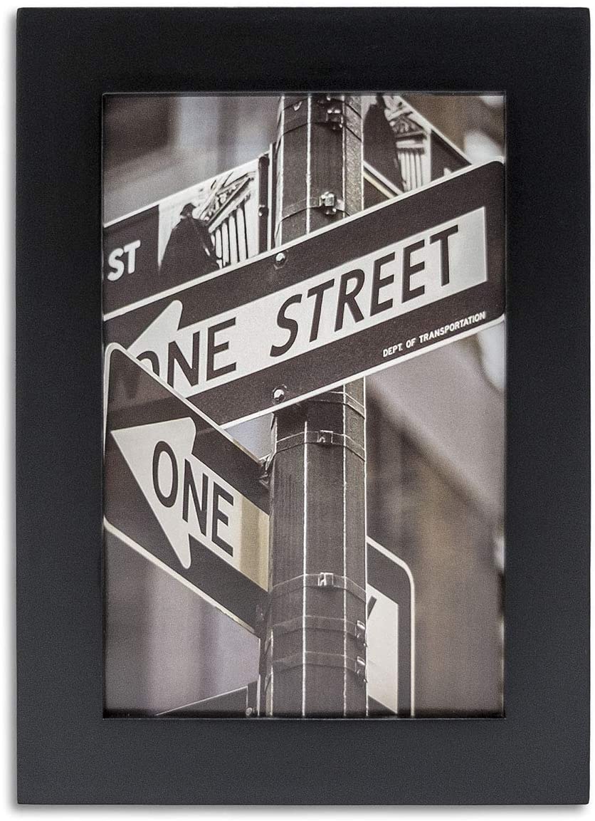 6" x 8" Black Solid Pine Wood Picture Frame with Tempered Glass, 5" x 7" Matted