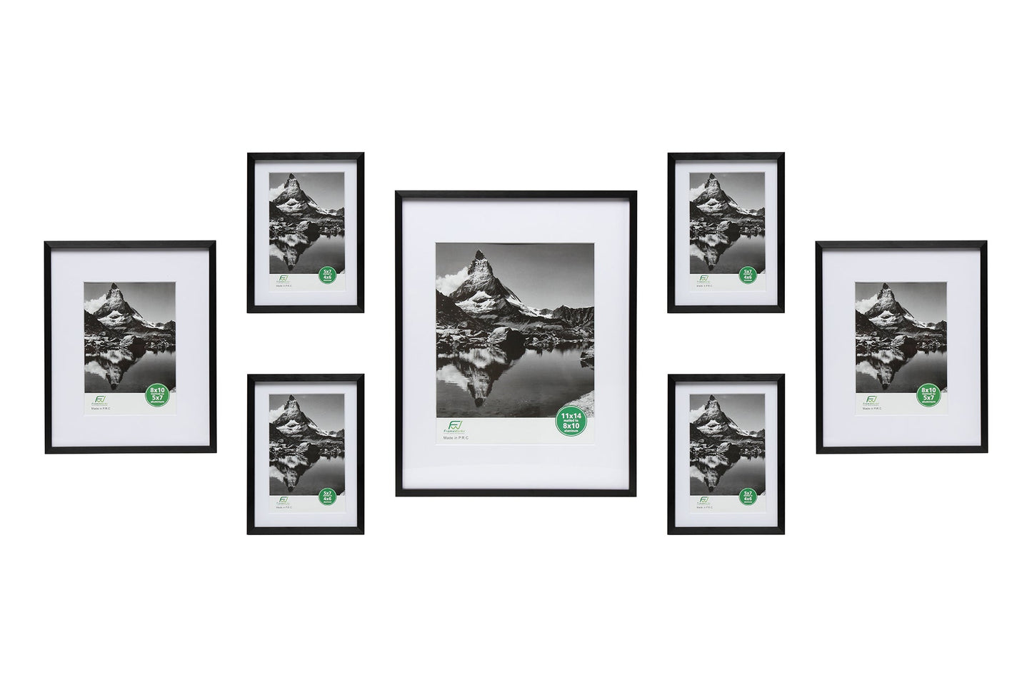 7 Piece Deluxe Black Aluminum Contemporary Picture Frame Set with Tempered Glass