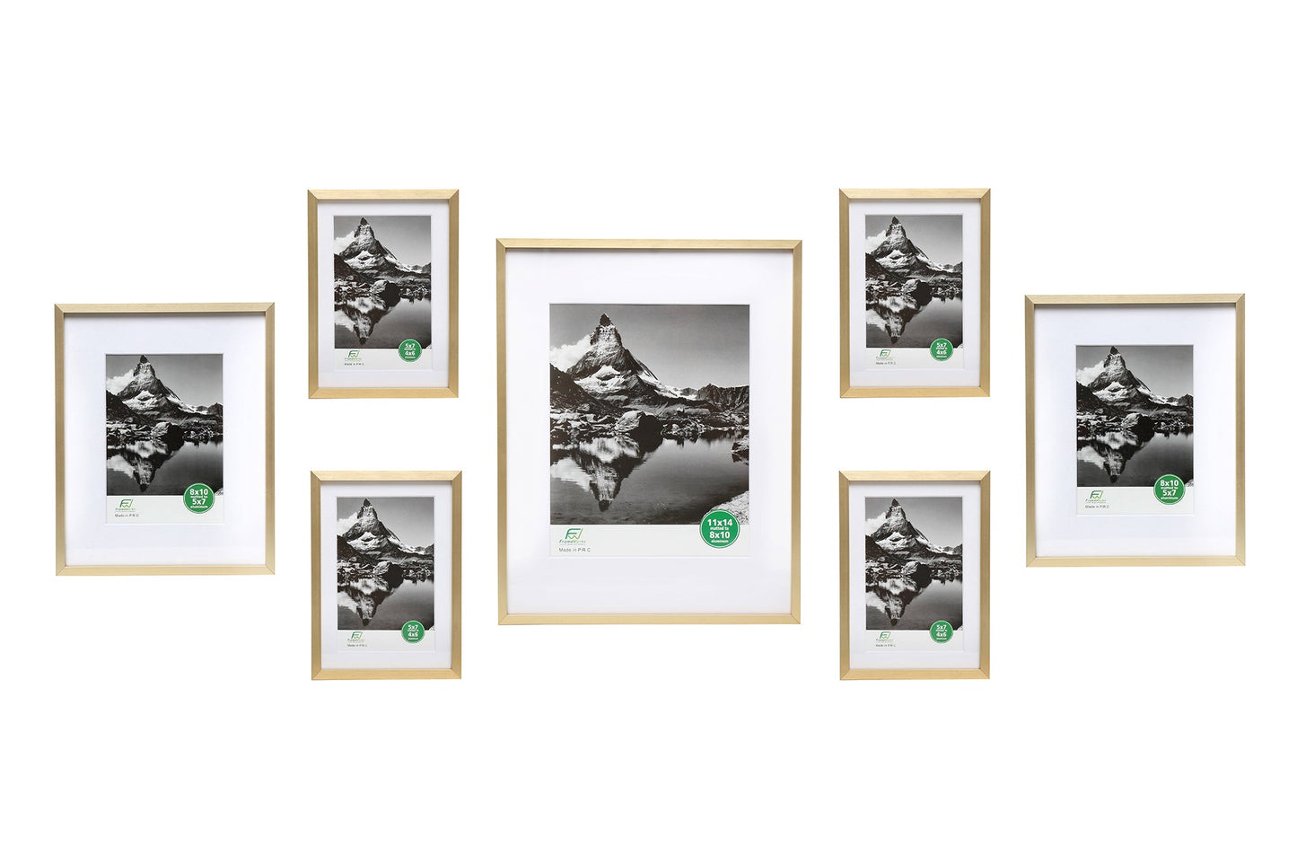 7 Piece Deluxe Brass Gold Aluminum Contemporary Picture Frame Set with Tempered Glass