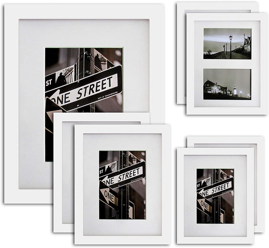 7 Piece White Solid Pine Wood Collage Multi-Size Picture Frame Set with 16" x 20" Frame