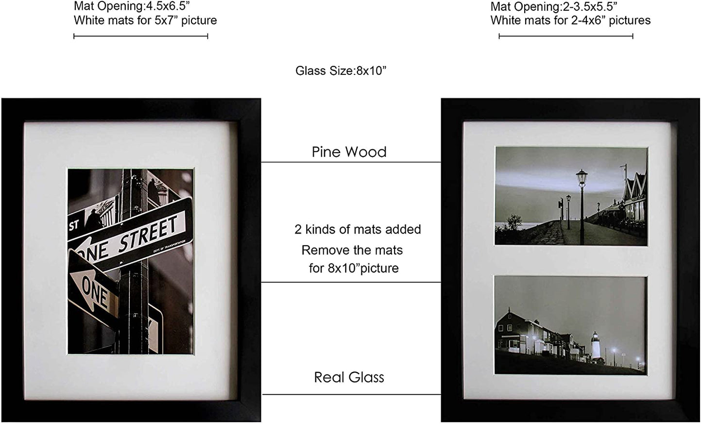 9 Piece Black Solid Pine Wood Tempered Glass Multi-Size Picture Frame Set