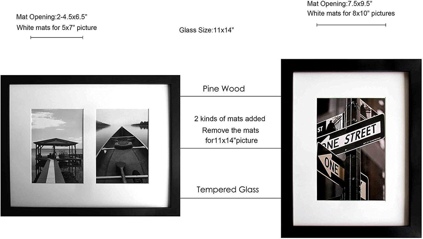 9 Piece Black Solid Pine Wood Tempered Glass Multi-Size Picture Frame Set