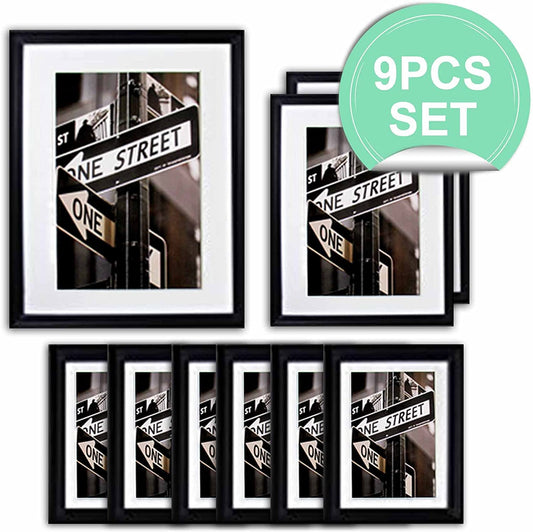 9 Piece Black Solid Pine Wood Tempered Glass Multi-Size Picture Frame Set