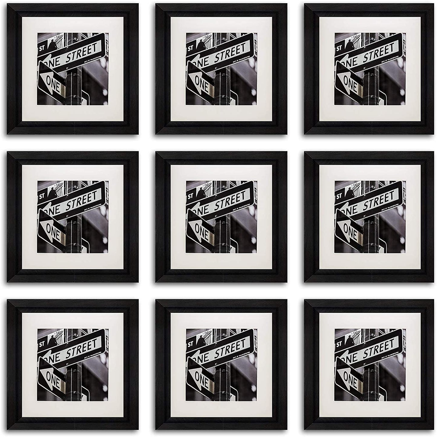 9 Piece Square Black Walnut Wood Tempered Glass Picture Frame Set