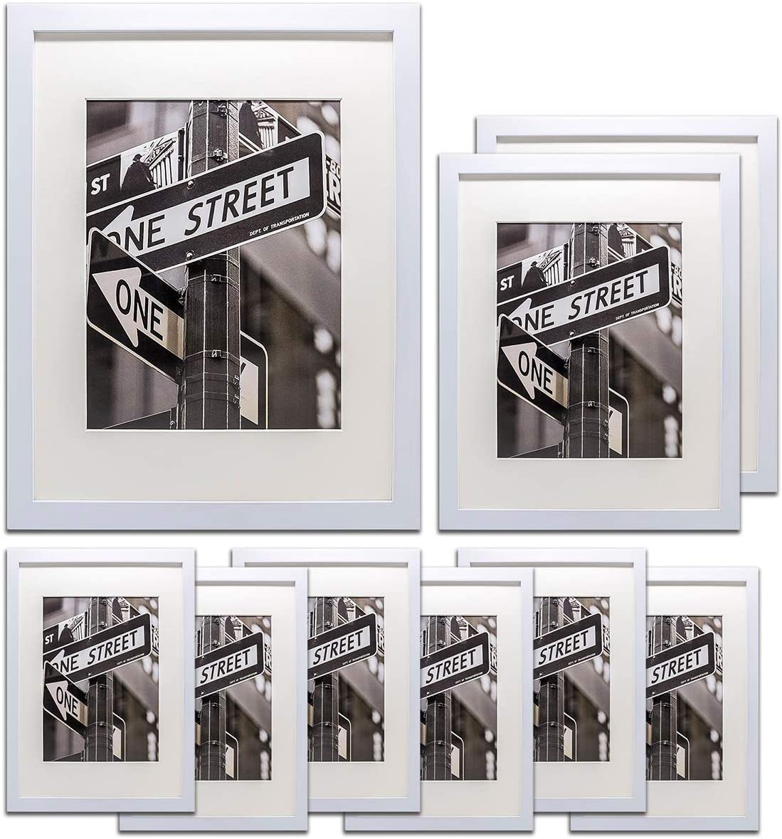 9 Piece White Solid Pine Wood Tempered Glass Multi-Size Picture Frame Set