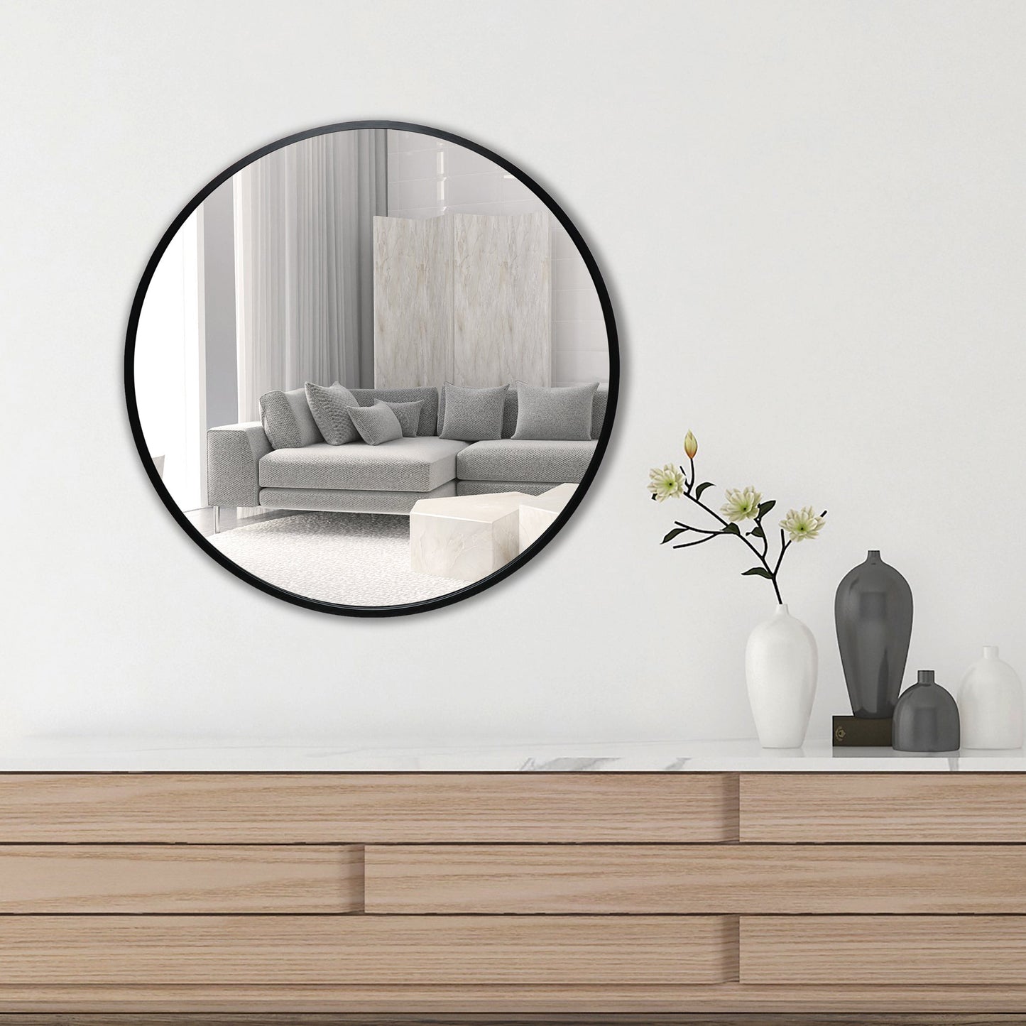Deluxe Contemporary Black Round Aluminum Mirror