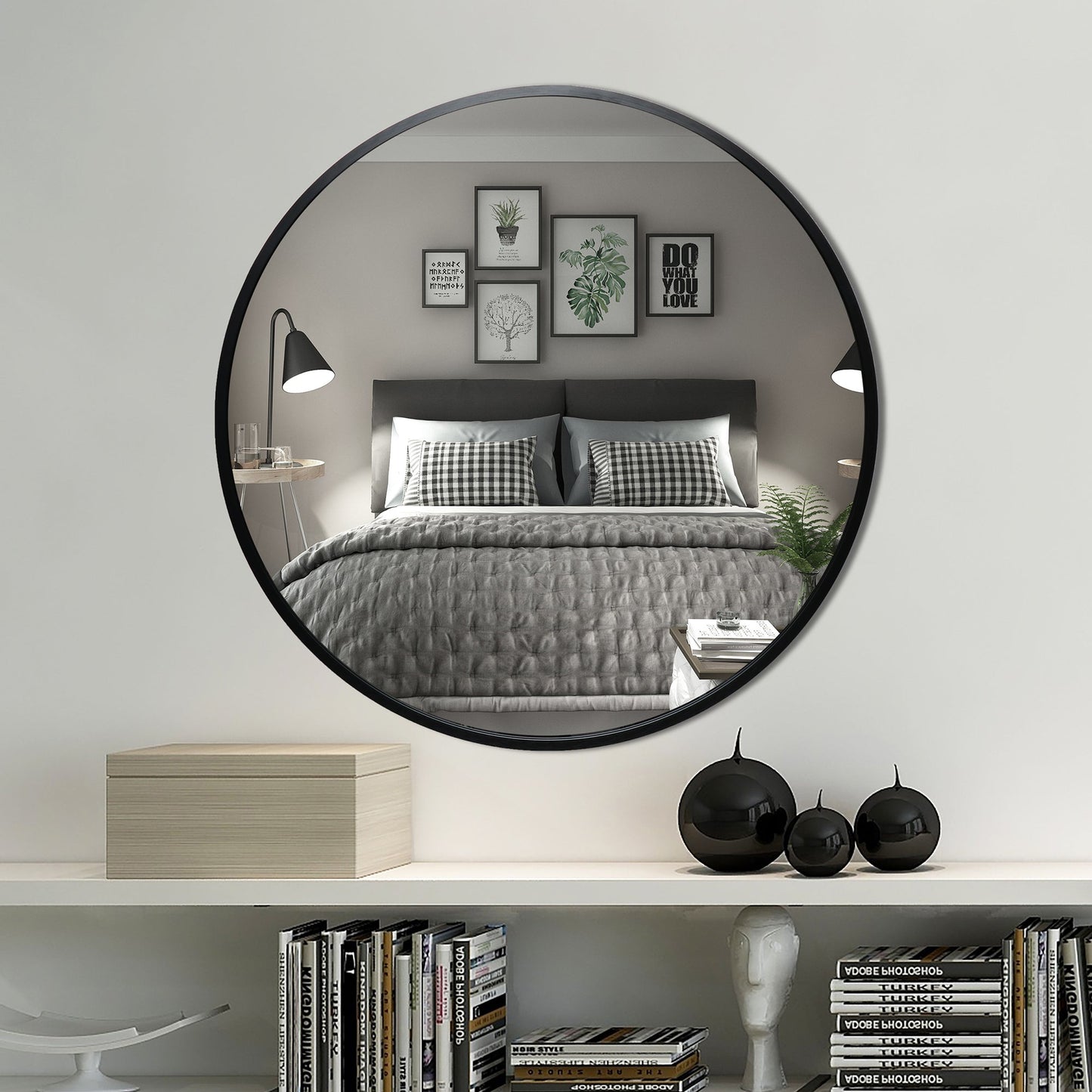 Deluxe Contemporary Black Round Aluminum Mirror