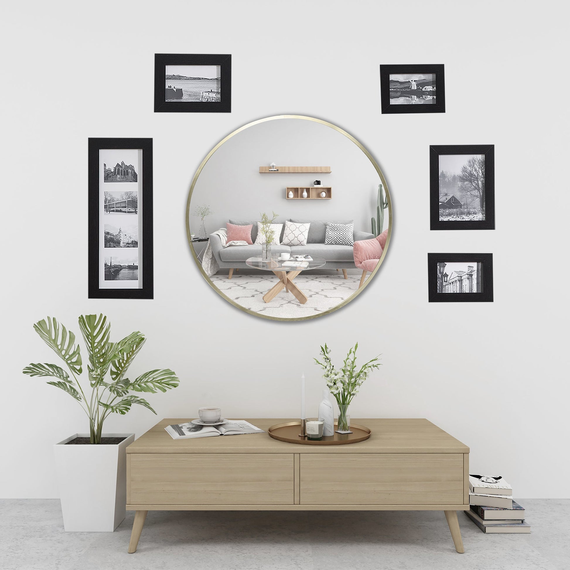 Deluxe Contemporary Brass Gold Round Aluminum Mirror