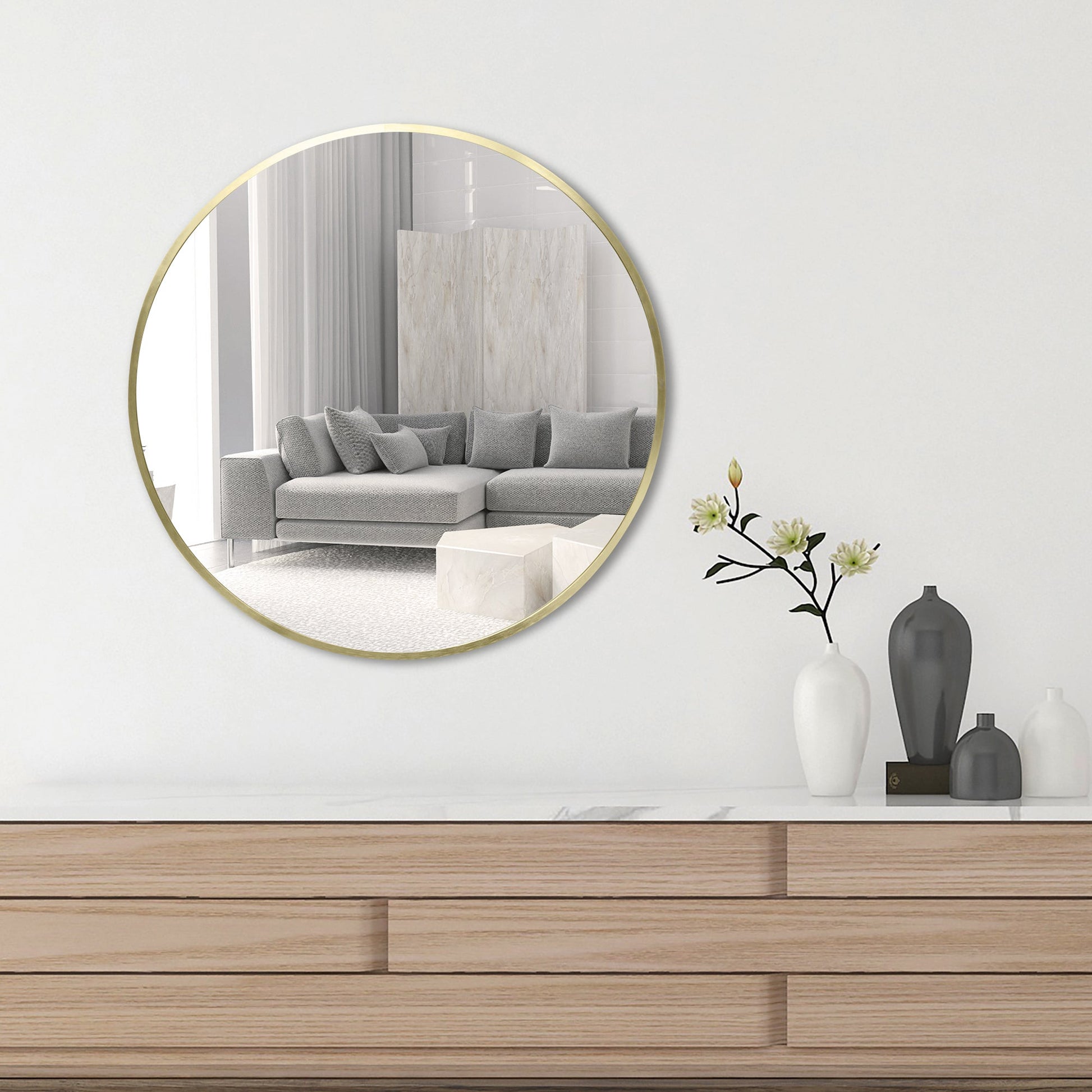 Deluxe Contemporary Brass Gold Round Aluminum Mirror