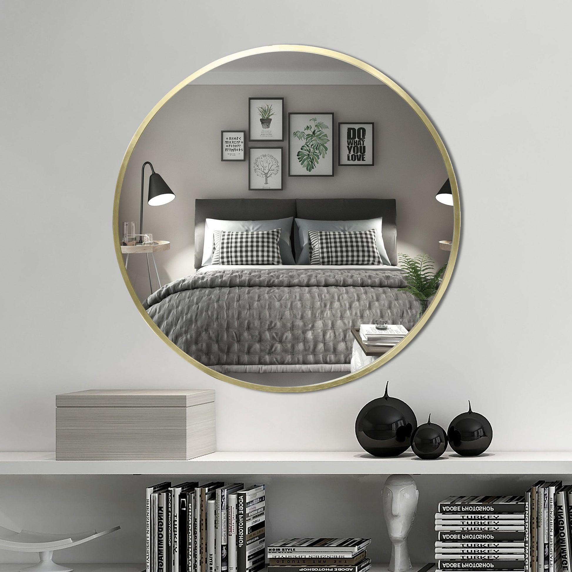 Deluxe Contemporary Brass Gold Round Aluminum Mirror