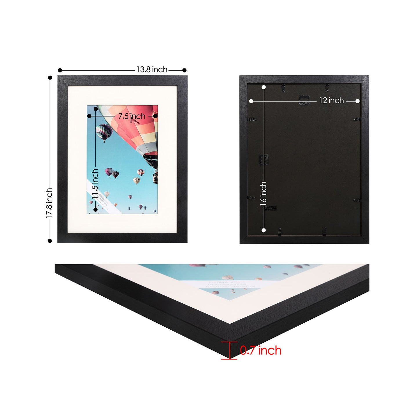12" x 16" Black MDF Wood Picture Frame with Tempered Glass, 8" x 12" Matted