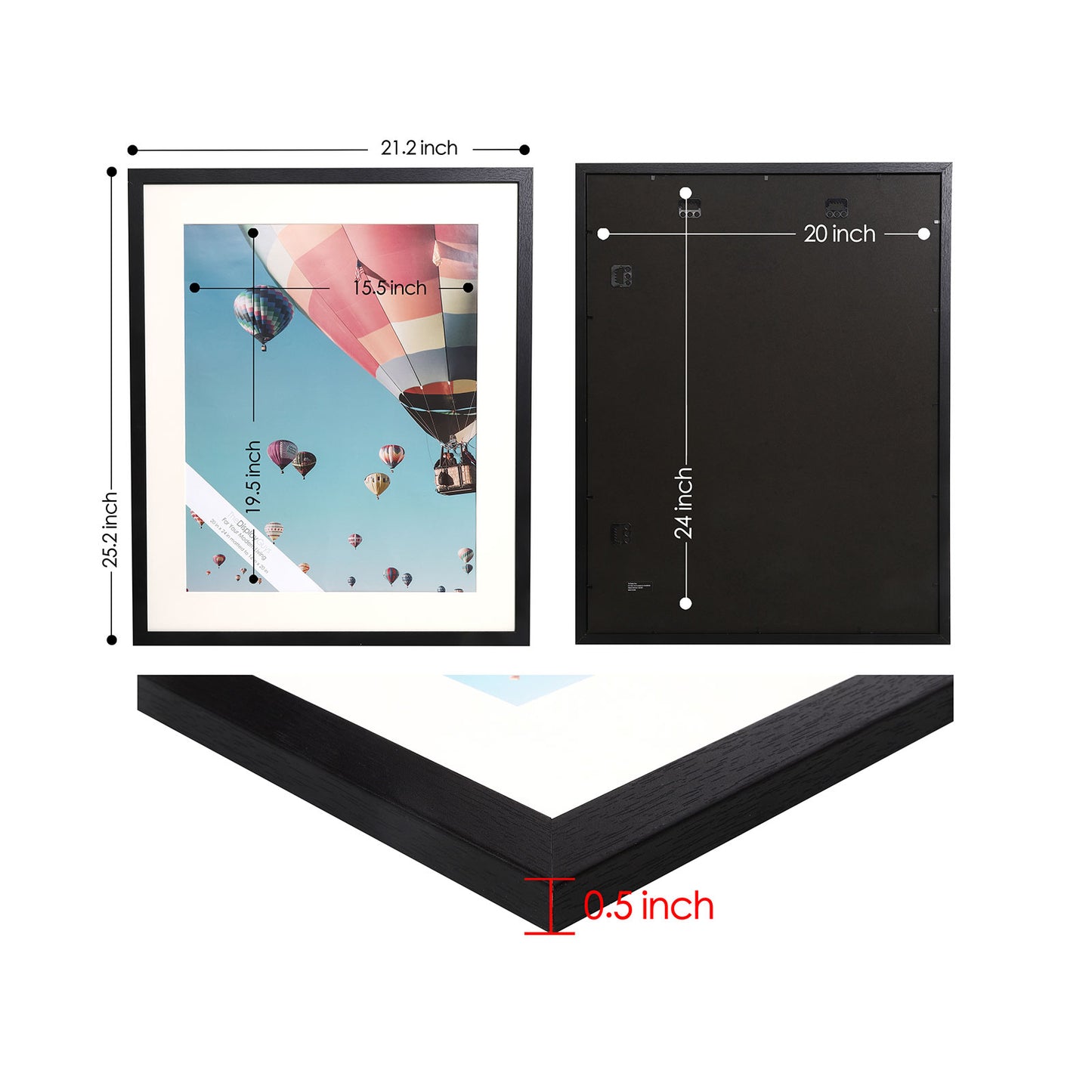 20" x 24" V-Series Black MDF Wood Multi Pack Picture Frames, 16" x 20" Matted