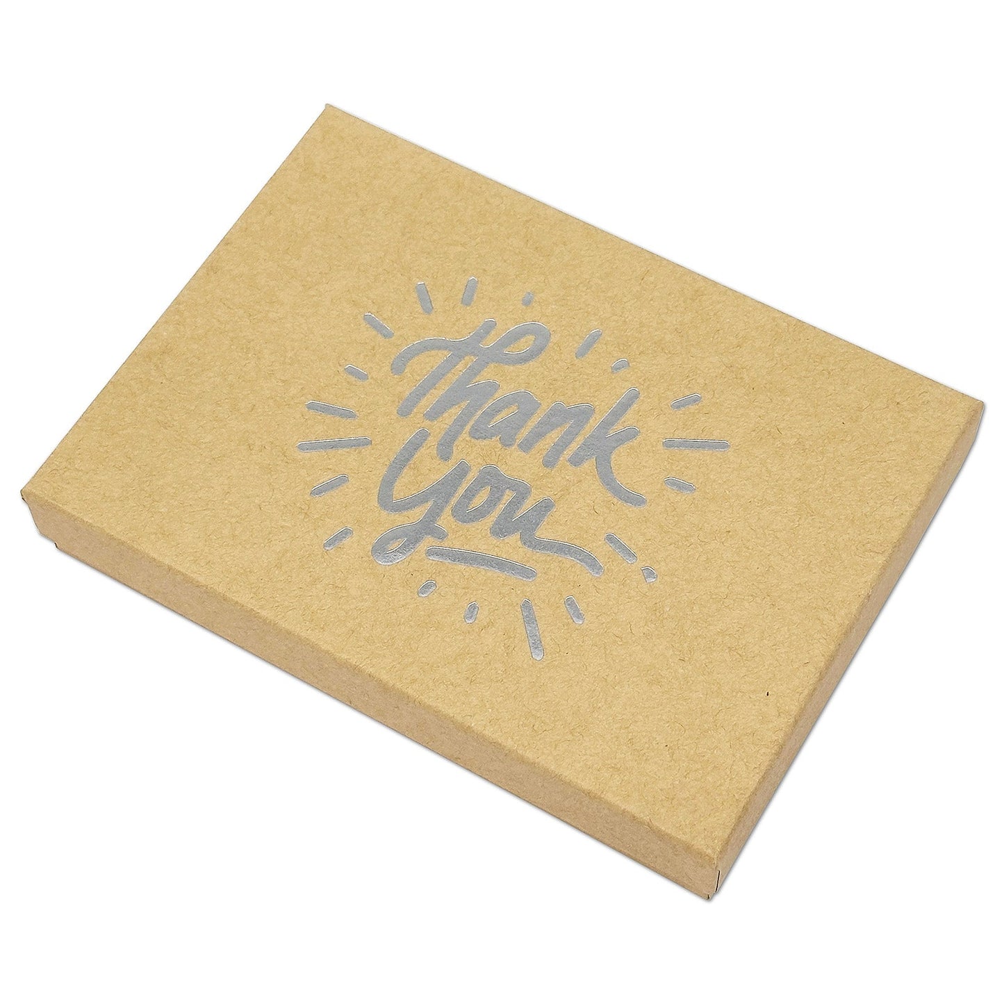 5 7/16" x 3 15/16" Kraft and Silver "Thank You" Cotton Filled Box