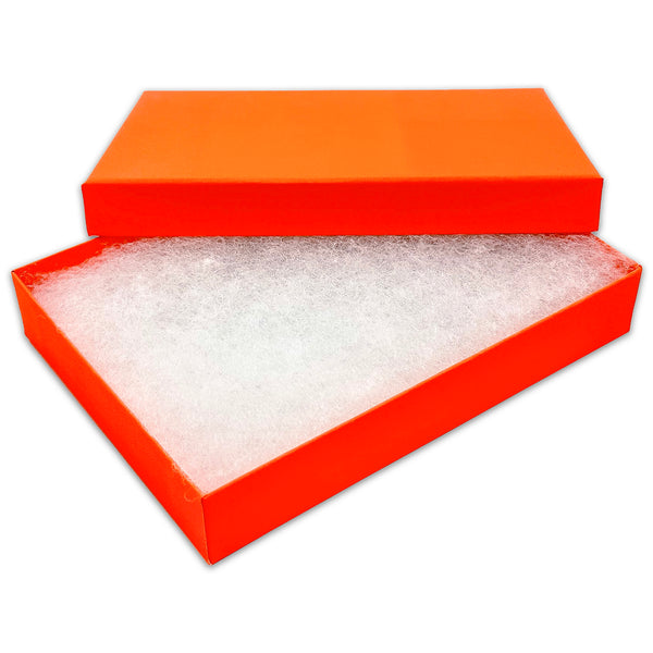 5 7/16" x 3 15/16" x 1" Neon Orange Cotton Filled Paper Box (25-Pack)