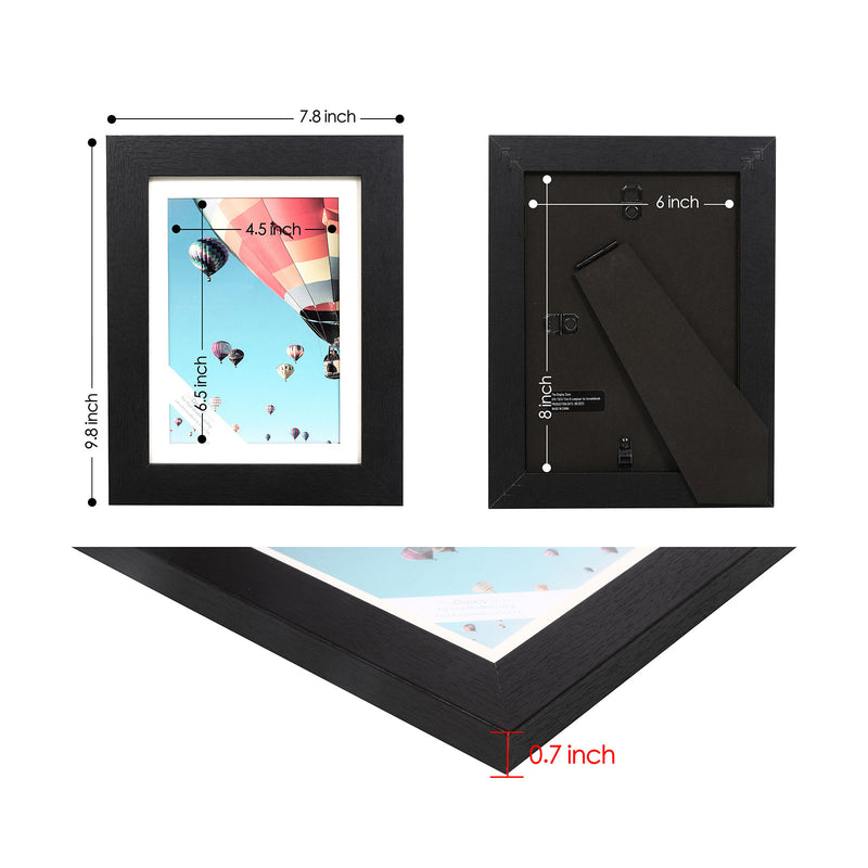 6" x 8" Black MDF Wood Picture Frame with Tempered Glass, 5" x 7" Matted