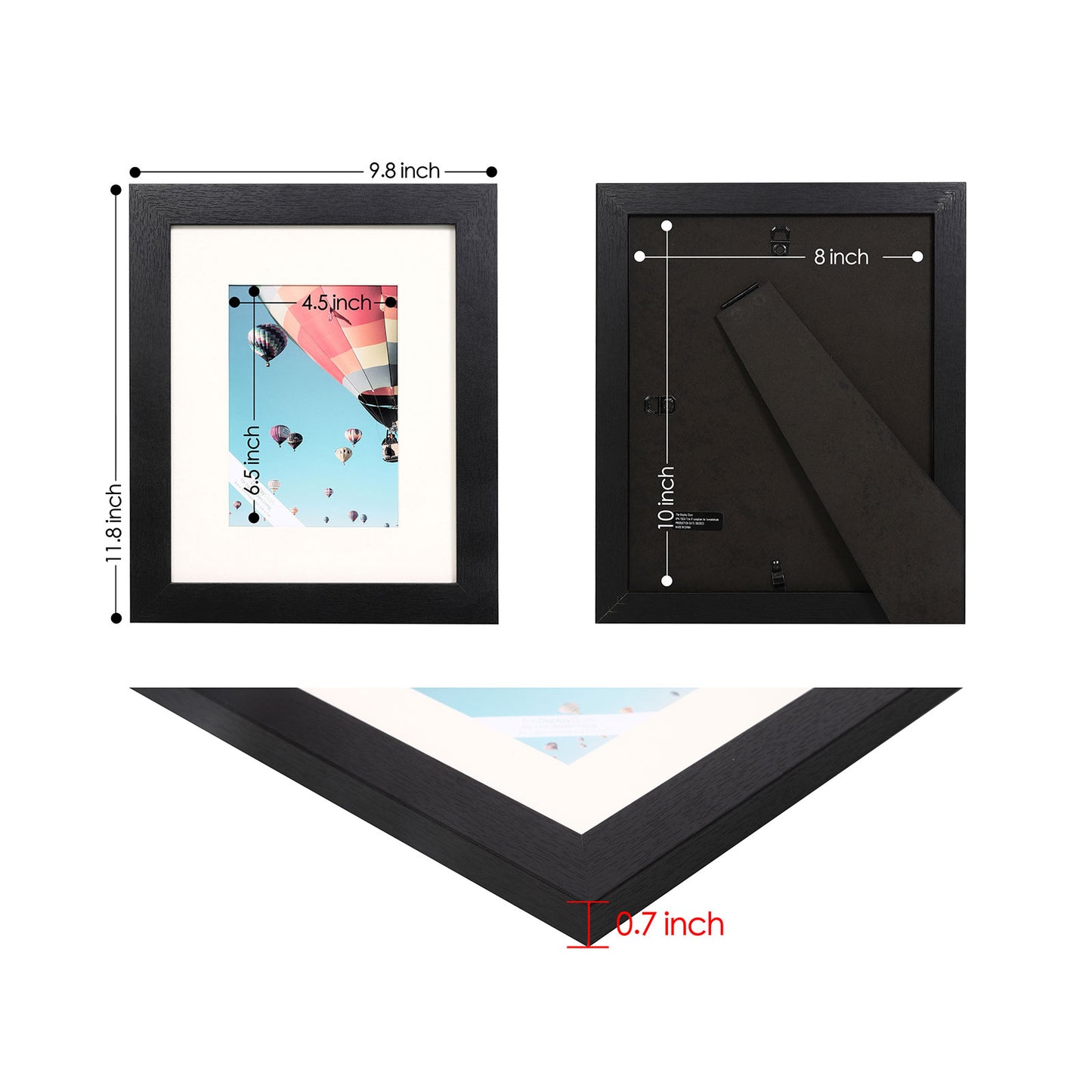 8" x 10" Black MDF Wood Picture Frame with Tempered Glass, 5" x 7" Matted