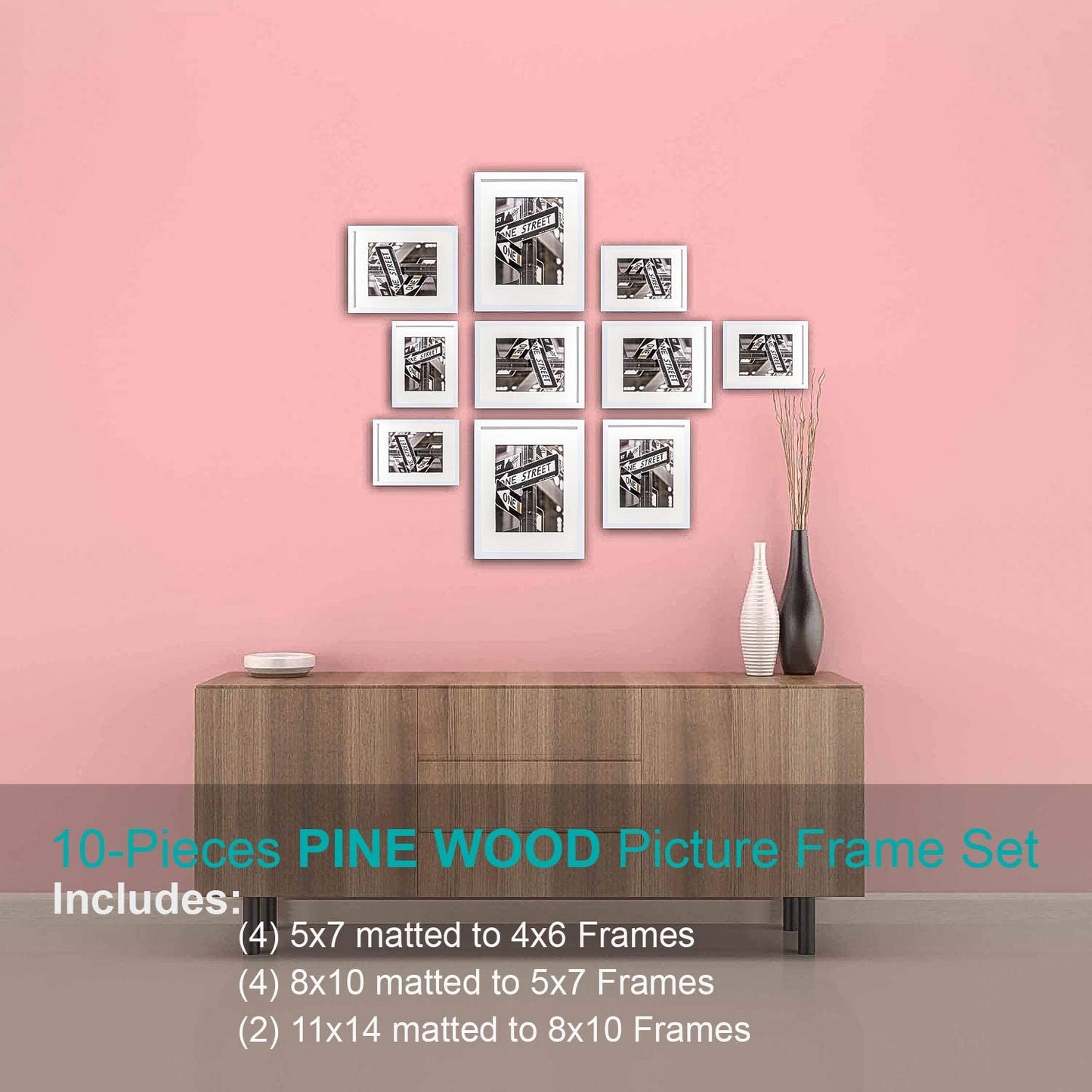 10 Piece White Solid Pine Wood Tempered Glass Multi-Size Picture Frame Set