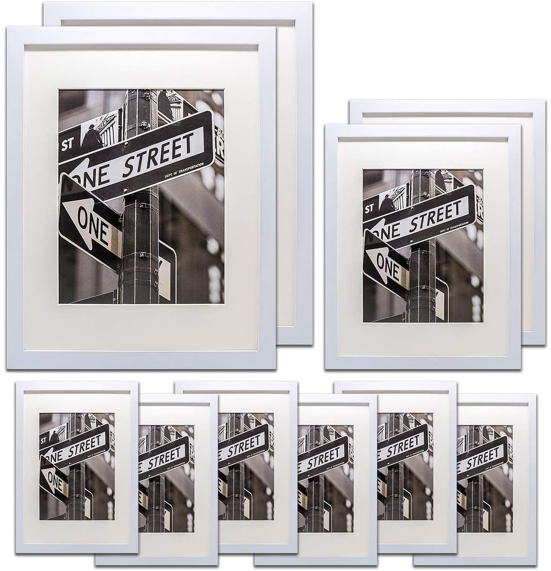 10 Piece White Solid Pine Wood Tempered Glass Multi-Size Picture Frame Set