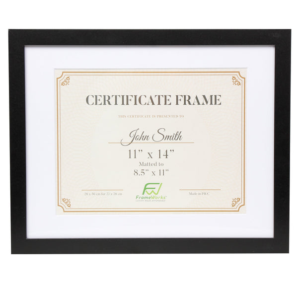 11" x 14” Classic Black Wood Document Frame with Tempered Glass, 8.5" x 11" Matted