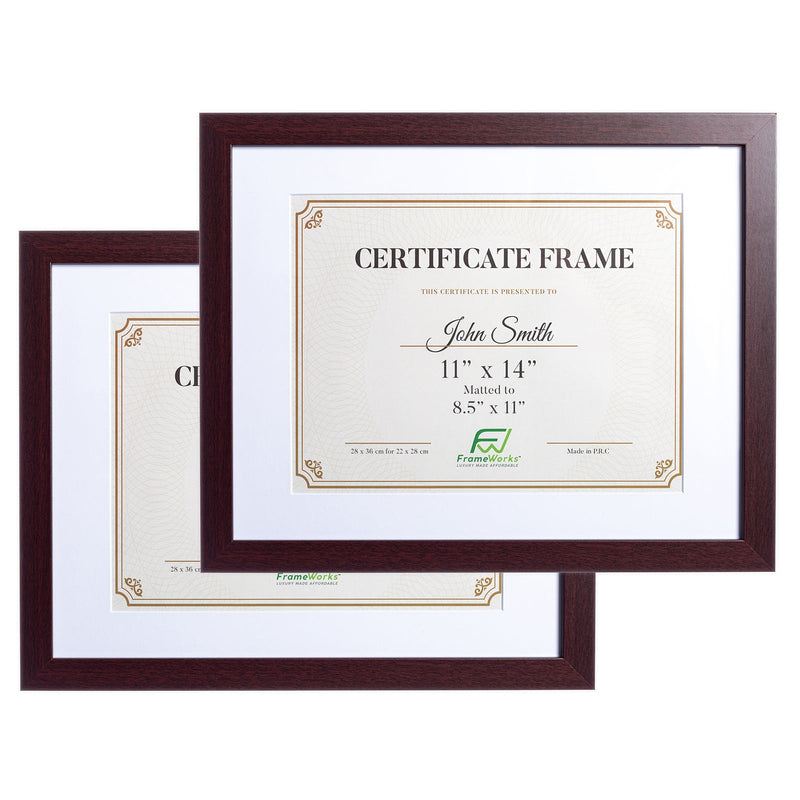 11" x 14” Classic Mahogany Wood Document Frame with Tempered Glass, 8.5" x 11" Matted