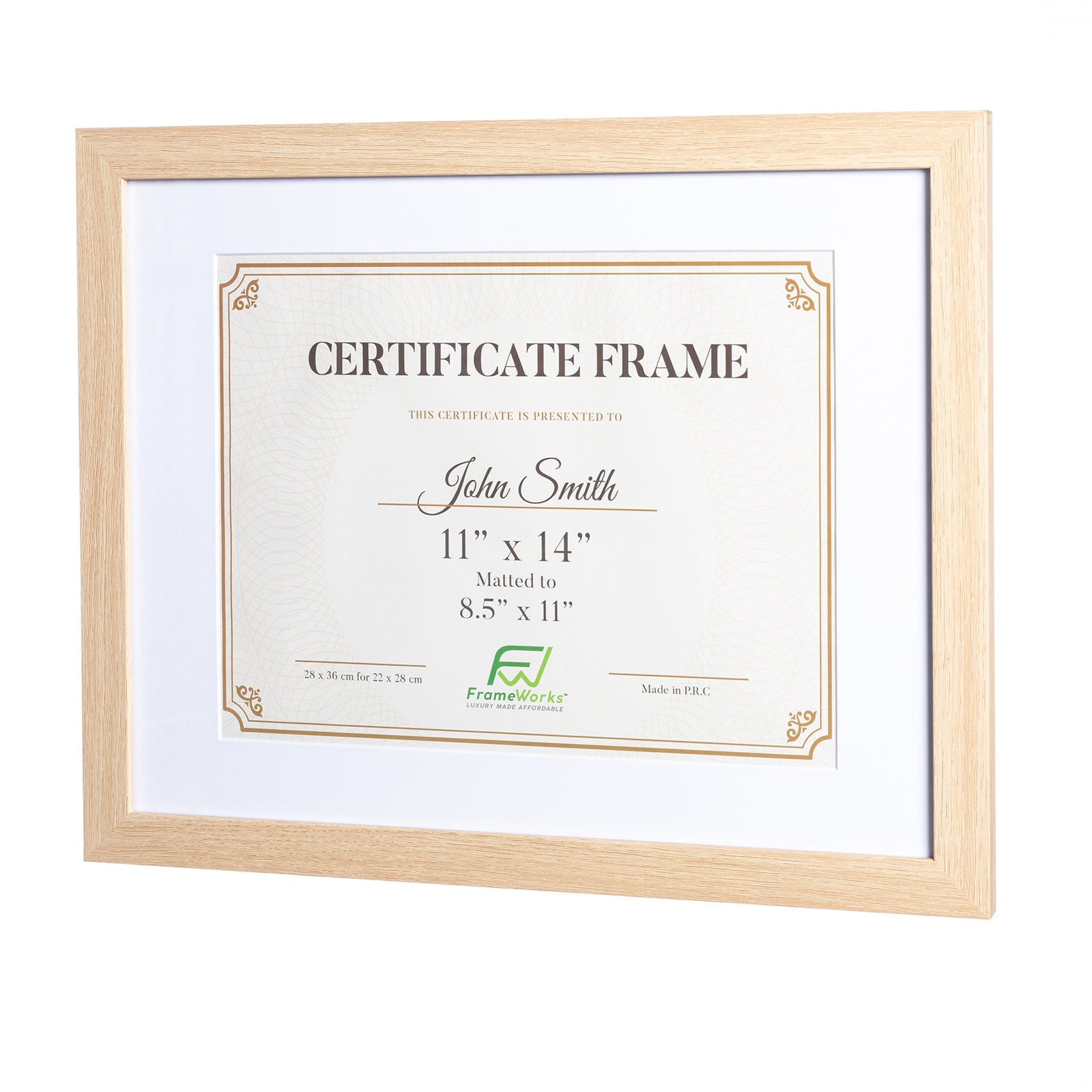 11" x 14” Classic Natural Oak Wood Document Frame with Tempered Glass, 8.5" x 11" Matted