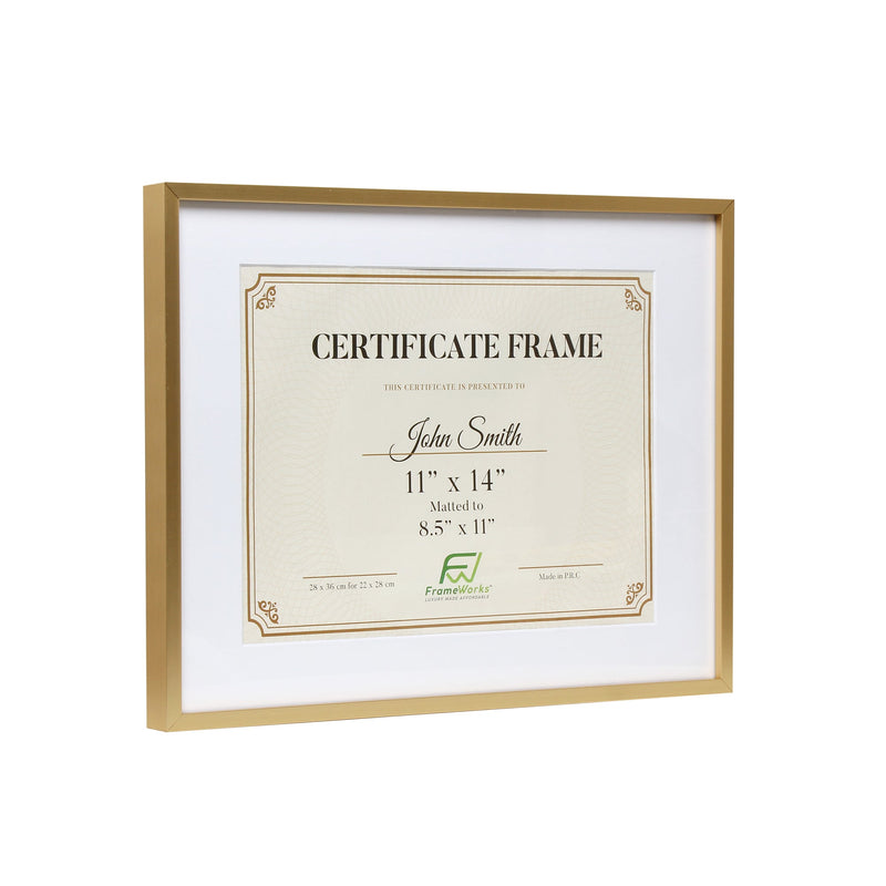 11" x 14" Deluxe Brass Gold Aluminum Contemporary Diploma Picture Frame, 8.5" x 11" Matted