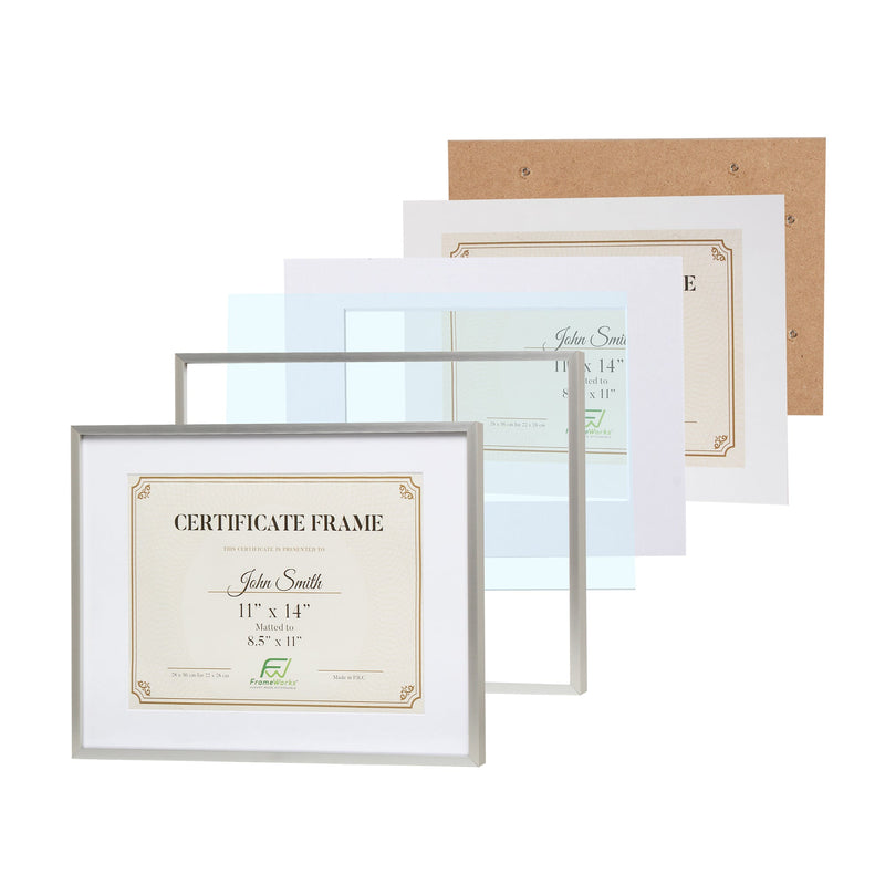 11" x 14" Deluxe Silver Aluminum Contemporary Diploma Picture Frame, 8.5" x 11" Matted
