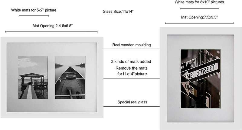 11" x 14" White Solid Pine Wood Picture Frames with Tempered Glass, 8" x 10" Matted