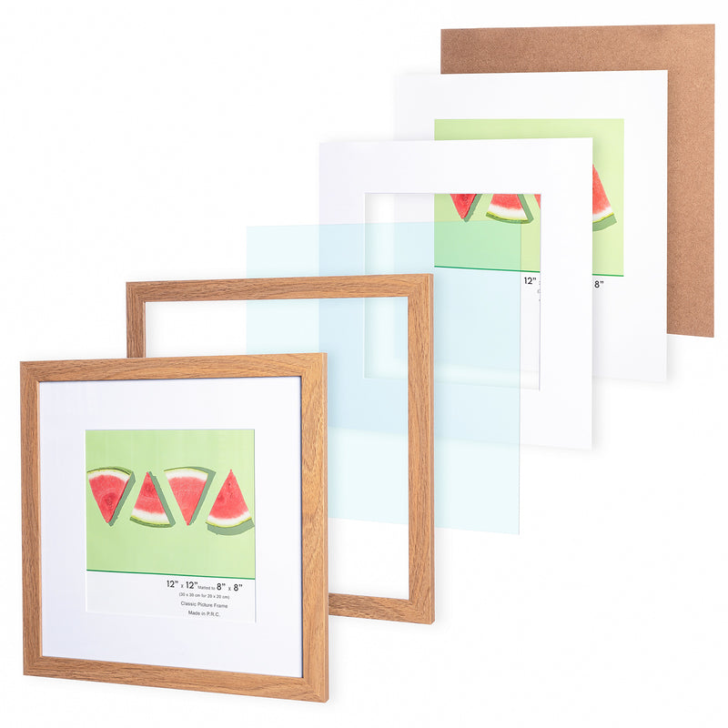 12" x 12” Classic Light Oak MDF Wood Picture Frame with Tempered Glass, 8" x 8" Matted