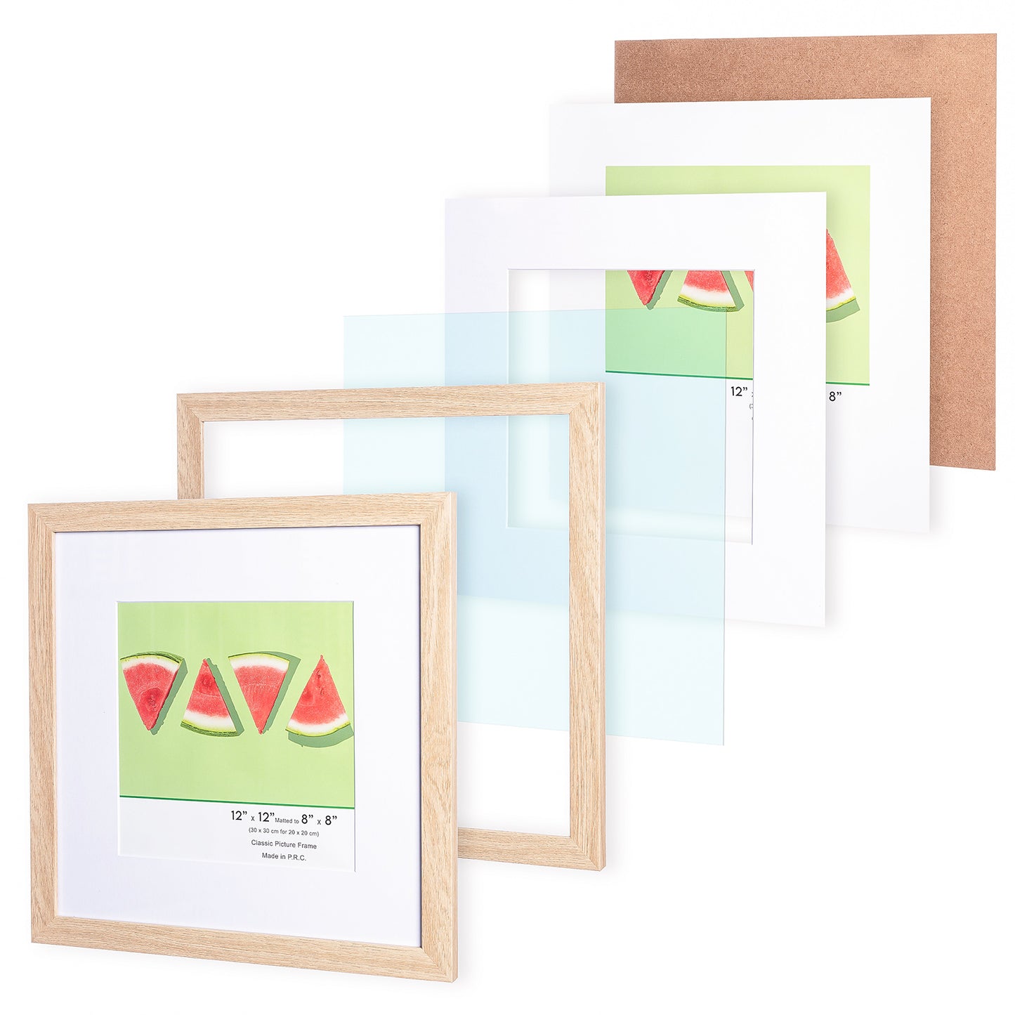 12" x 12” Classic Natural Oak MDF Wood Picture Frame with Tempered Glass, 8" x 8" Matted