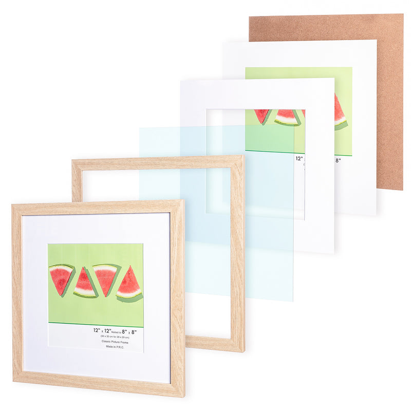 12" x 12” Classic Natural Oak MDF Wood Picture Frame with Tempered Glass, 8" x 8" Matted